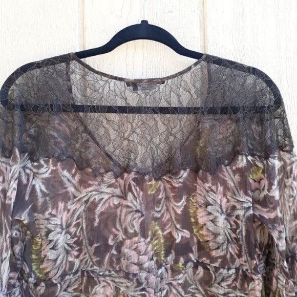 BCBGMaxAzria Top Sheer Silk Botanical Peasant Balloon Sleeve Brown Pink Sz S - Picture 10 of 13